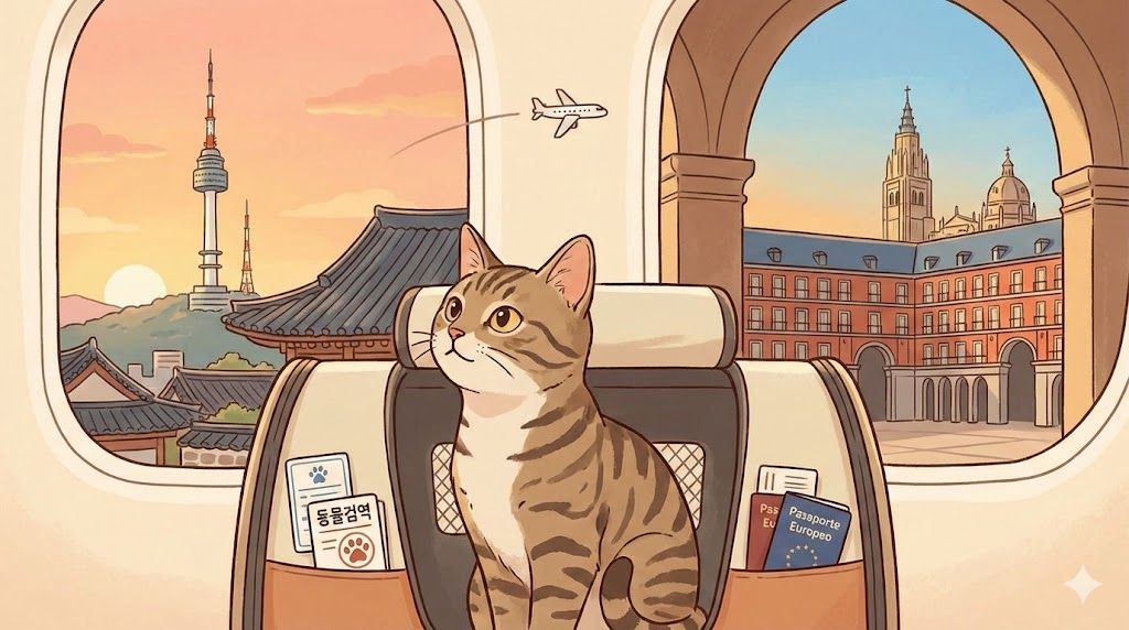 un gatito representando el viaje de corea a españa